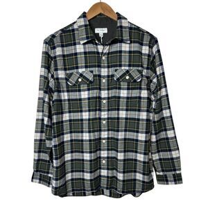 Free Assembly Mens Large Green Navy Plaid Button Front Flannel Shirt Long Sleeve